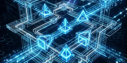 論理回路をイメージした光り輝くネットワークの3Dグラフィックス